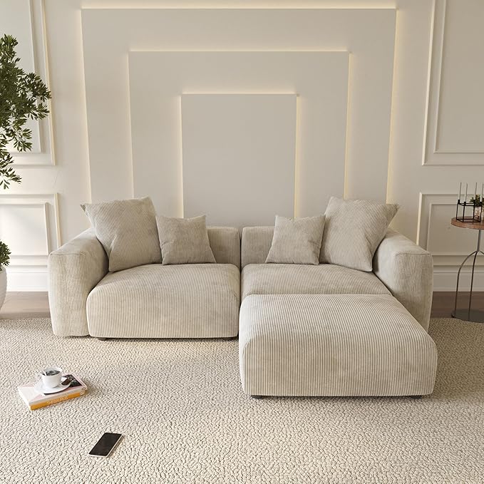 WJShome Cloud Couch Modular Sectional Sofa,102inch L Shaped Sofa with Ottoman,Beige 3 Seater Corduroy Couch,Convertible Sectional Sofa for Living Room,Cushion Covers Removable& Washable