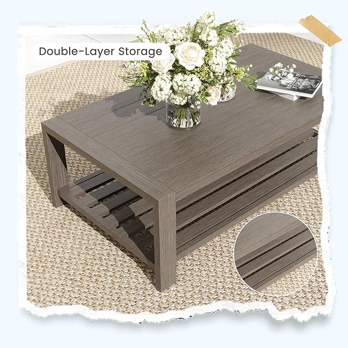 UDPATIO 5 Piece Aluminum Patio Furniture Set Faux Wood Grain Modern Outdoor Furniture Set with 6" Olefin Fabric Cushions and Coffee Table, 600D Waterproof Cover Included, Dark Grey