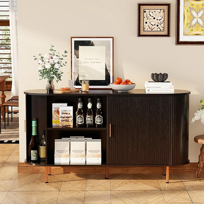 DHH Storage Cabinet, Fluted Sideboard Buffet Cabinet with Tambour Sliding Doors& Adjustable Shelf, Accent Coffee Bar Console Table for Kitchen, Living Room, Entryway (Black, 55 Inch)