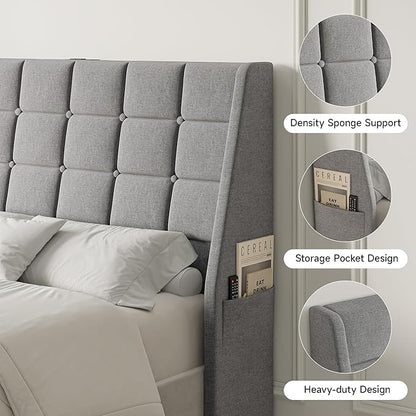 Queen Size Headboard with Charging Station, Ergonomic Upholstered Linen Headboards Only, Wingback Wood Bed Head Board with Storage Pocket, Bed Frame Adapters, Light Grey