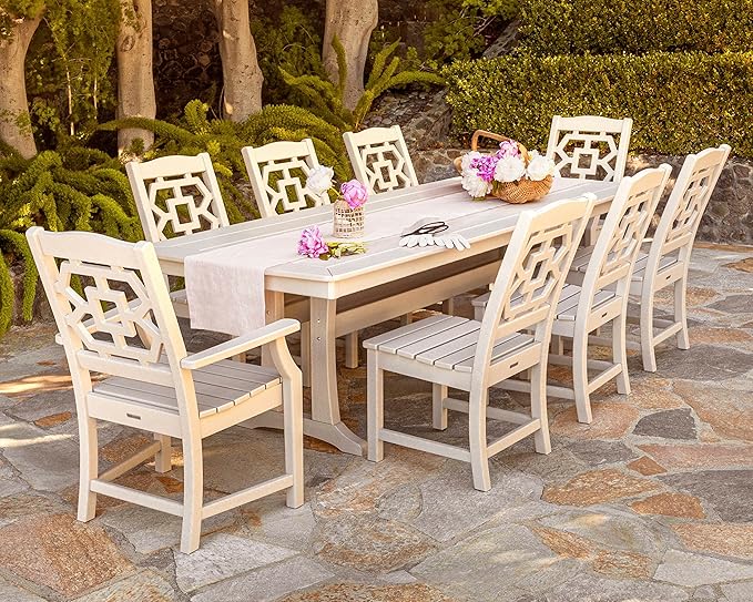 Martha Stewart by POLYWOOD Chinoiserie Outdoor Dining Side Chair, Slate Grey, Durable HDPE All-Weather, Comfortable Patio Seating with Latticework Back, Backyard, Garden Furniture, Made in The USA