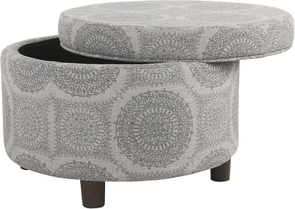 HomePop Home Decor | Upholstered Round Storage Ottoman | Ottoman with Storage for Living Room & Bedroom (Light Grey Medallion) Large