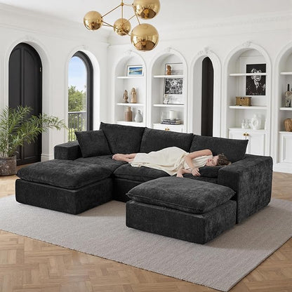 108" Sectional Couches for Living Room Boneless Couch Upholstered Cloud Couch Sectional Modular Sectional Sofa with L Shaped (Chenille-Black, 3 Seat+2 Ottoman)