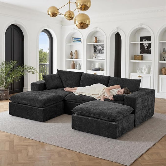 108" Sectional Couches for Living Room Boneless Couch Upholstered Cloud Couch Sectional Modular Sectional Sofa with L Shaped (Chenille-Black, 3 Seat+2 Ottoman)