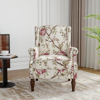 Floral Wingback Accent Chair, High Back Upholstered Armchair, Comfy Fabric Wingback Arms Chairs with Solid Wood Legs, Single Sofa Reading Chair for Bedroom Living Room, Beige