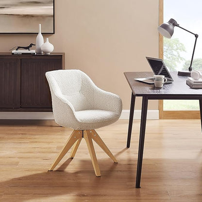 Zouron Desk Chair with Wooden Legs, Swivel Accent Chairs No Wheels, Modern Vanity Arm Chair for Small Space Home Office Living Room Bedroom, Ivory and Natural Wood