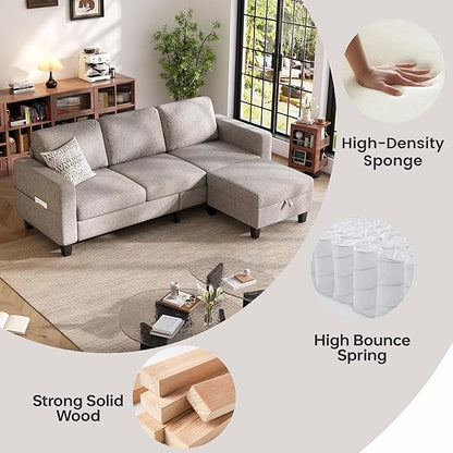 Sectional Sofa and Couches for Living Room, 78'' Brown 3 Seat L-Shaped Couch with Movable Ottoman, Comfy Linen Convertible Sectionals Sofas with Chaise for Apartment, Office, Small Space
