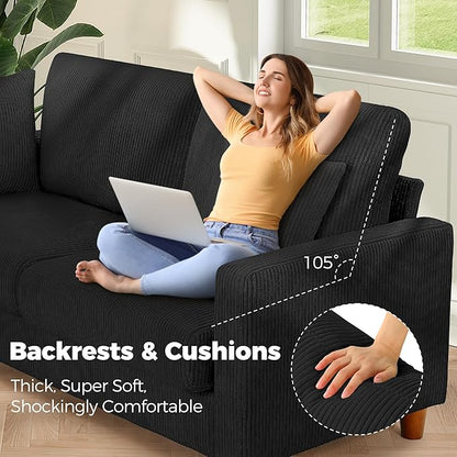 70in Corduroy Couch, Kidirect Sofa No Tool Assembly, Comfy Couches for Living Room 21in Deeper Seats, Corduroy Sofas for Living Room with 2 Pillows, Oversized Loveseat Sofa, Boho Love Seat Black Couch