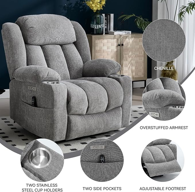 Power Lift Recliner Chair, USB/Type-C Ports & Cup Holders, Heavy Duty Chenille Recliner for Elderly, Light Grey