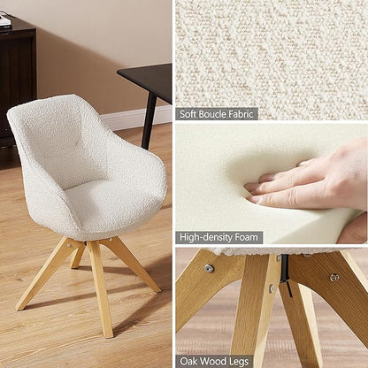Zouron Desk Chair with Wooden Legs, Swivel Accent Chairs No Wheels, Modern Vanity Arm Chair for Small Space Home Office Living Room Bedroom, Ivory and Natural Wood