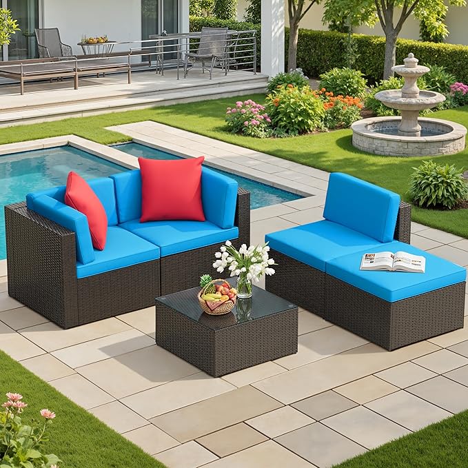 JUMMICO 5 Pieces Patio Furniture Set, Outdoor Sectional Sofa Conversation Sets, Couch Rattan Chair Wicker with Ottoman Cushion, Glass Tea Table and Pillows for Backyard Porch Garden Pool Balcony,Blue