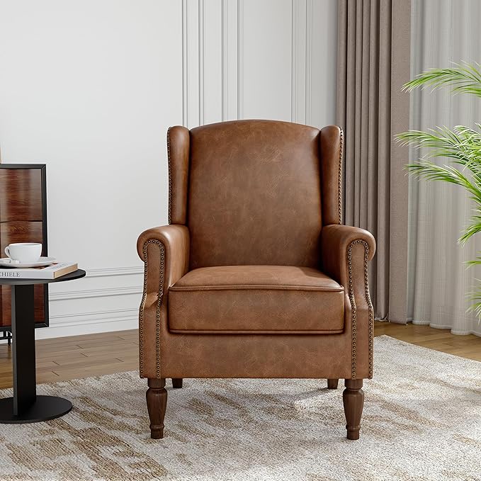 Faux Leather Wingback Accent Chair, High Back Upholstered Armchair, Comfy Fabric Wingback Arms Chairs with Solid Wood Legs, Single Sofa Reading Chair for Bedroom Living Room, Brown