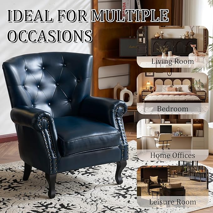 Modern Accent Chair Set of 2, Mid-Century PU Leather Armchair with Solid Wood Legs, Single Sofa Chair for Living Room, Bedroom, Leisure Room, or Reading Room(Navy)