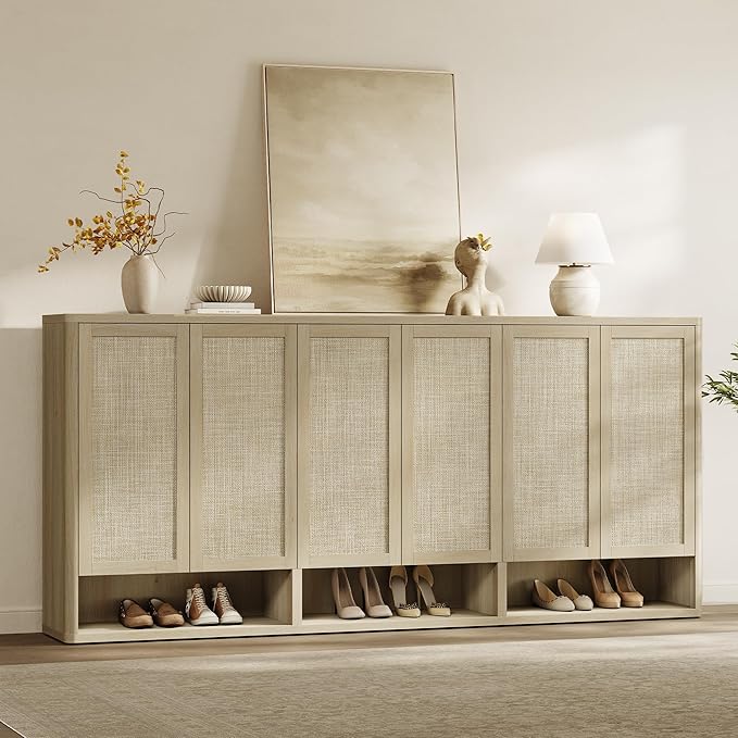 SICOTAS Rattan Shoe Storage Cabinet - Modular Shoe Cabinets with Door Tall Large Shoe Cabinet Storage for Entryway - 96.8" Wide Modular Cabinet for Hallway, Living Room