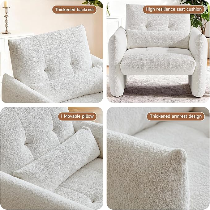 33.9" Accent Chairs, Modern Upgrade Sherpa Fabric Arm Chair Comfy Upholstered Armchair Leisure Single Sofa Chair with a Waist Pillow for Bedroom, Office and Living Room