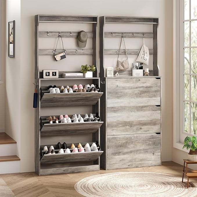 Tall Shoe Cabinet with Coat Rack, Hidden Shoe Storage Cabinet with Doors & Drawer, Hanging Bar & Hooks, Slim Narrow Freestanding Shoe Rack Organizer for Entryway, Hallway & Living Room, Grey
