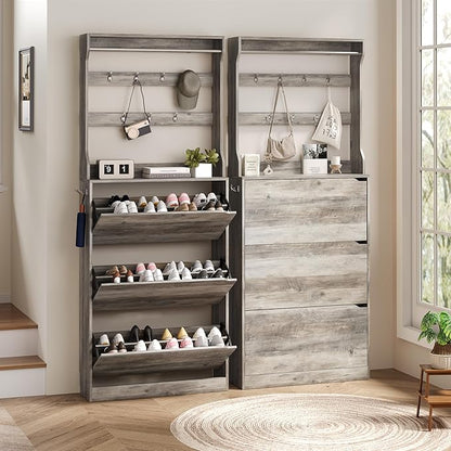 Tall Shoe Cabinet with Coat Rack, Hidden Shoe Storage Cabinet with Doors & Drawer, Hanging Bar & Hooks, Slim Narrow Freestanding Shoe Rack Organizer for Entryway, Hallway & Living Room, Grey