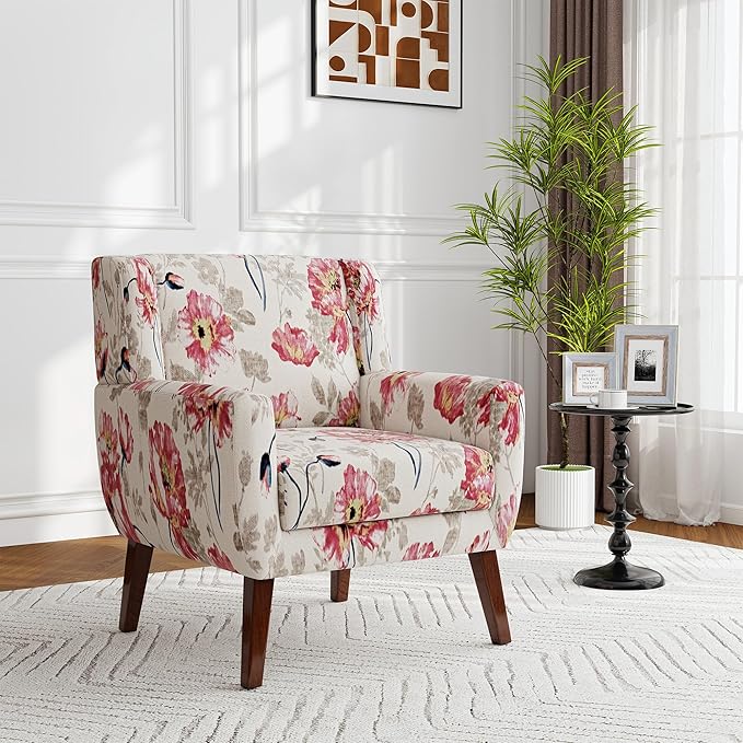 Accent Chair, Modern Fabric Armchair for Living Room, Comfy Upholstered Arm Chair Tufted for Indoor Bedroom Office Room (Pattern White)