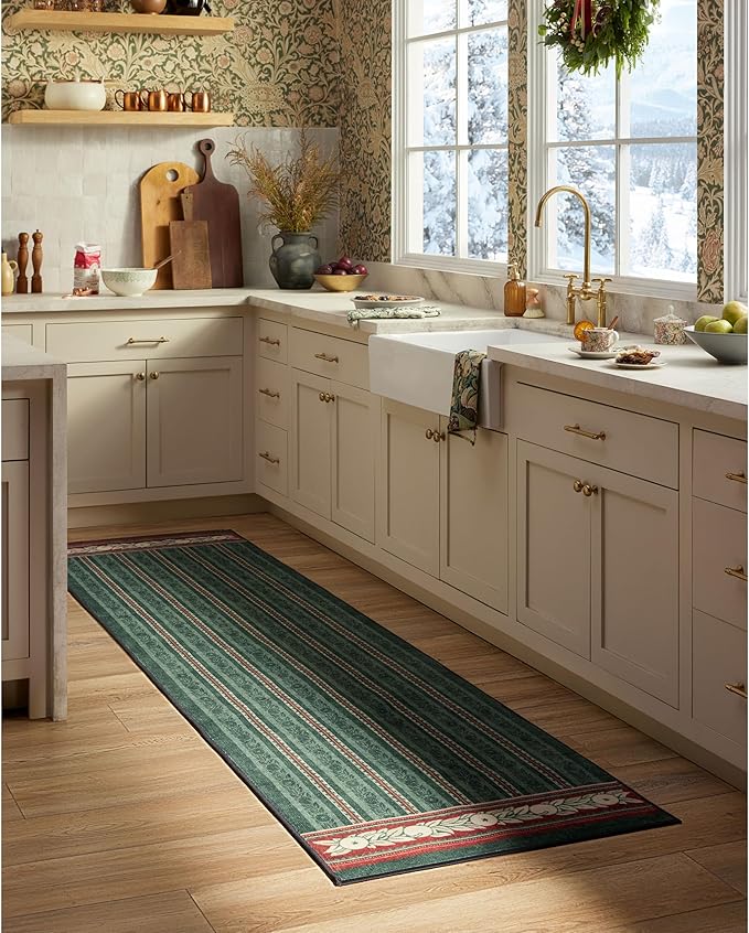 RUGGABLE x Morris & Co Machine Washable Area Rug – Fruit Stripe Spruce Green 9x12, Stain-Resistant, Non-Slip – Large Rugs for Living Room, Bedroom, Hallway, Entryway & Office–with Cushioned Pad