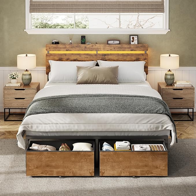 Forestell Full Size Bed Frame with Wood Headboard, Metal Platform Bed with 2 Storage Drawers & Shelf, Built in Charging Station & LED Lights, No Box Spring Needed, Vintage Brown, Camas Full