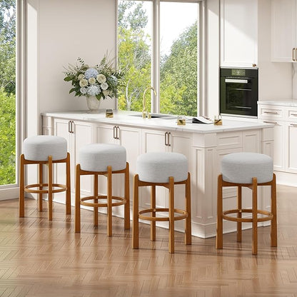 Christopher Knight Home Lera Modern Counter Height Bar Stools Set of 4, Fabric Round Stool Chair for Kitchen Island, Wooden Dining Room Chair, Upholstered Counter Stool with Footrest, Walnut+Ivory