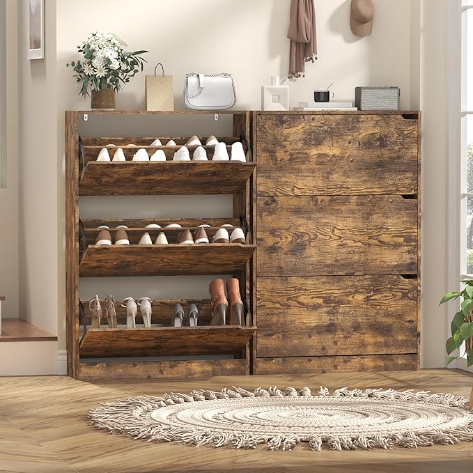 Shoe Storage Cabinet with 3 Flip Drawers, Slim Hidden Wood Shoe Cabinet Storage for Entryway, Freestanding Narrow Shoe Rack Organizer with Adjustable Shelves for Foyer, Hallway, Brown
