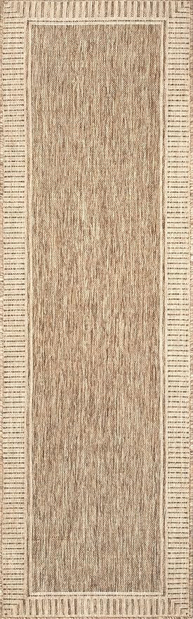 nuLOOM 2' x 10' Outdoor/Indoor Asha Area Rug, Asha Light Brown, Casual Design with Striped Border, Stain Resistant, Highly Durable, for Patio, Balcony, Bedroom, Living Room, Dining Room, Bathroom