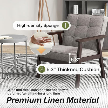 Modern Accent Chair with Arm Rest Set of 2, Upholstered Linen Fabric Leisure Chair Comfy Side Chair with Backrest Button and Wooden Frame for Living Room Bedroom Reading(Gray)