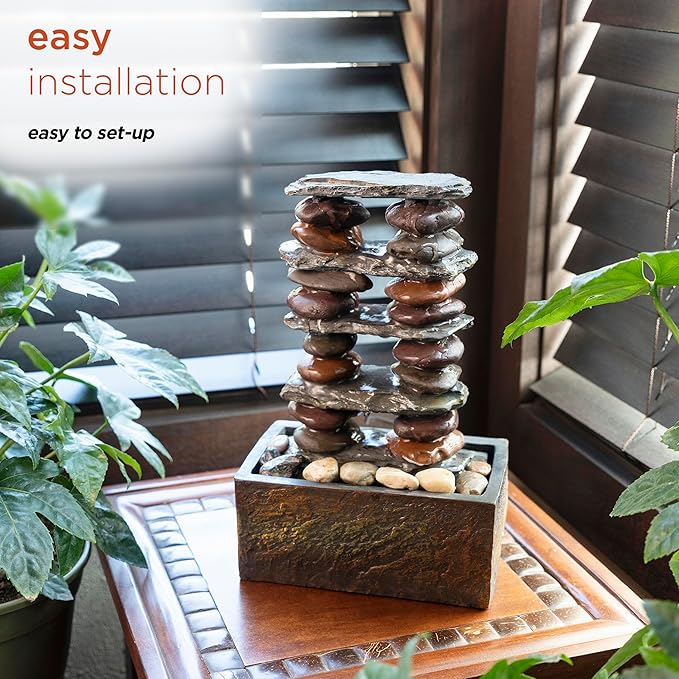 Alpine Corporation TT8002 Indoor/Outdoor Tabletop Stacked Rocks Eternity Fountain, Modern Rocks Tabletop Fountain 12", Brown