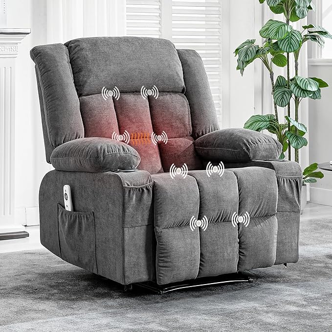 Large Recliner Chair, Manual Reclining Sofa with Massage and Heat, Comfy Sofa Chair with 3 Positions, 2 Side Pockets, 2 Front Pockets and 2 Cup Holder