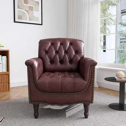 UIXE Faux Leather Accent Chair for Living Room, Tufted Arm Chair Retro Upholstered Club Armchair with Solid Wood Legs - Dark Red, Set of 2