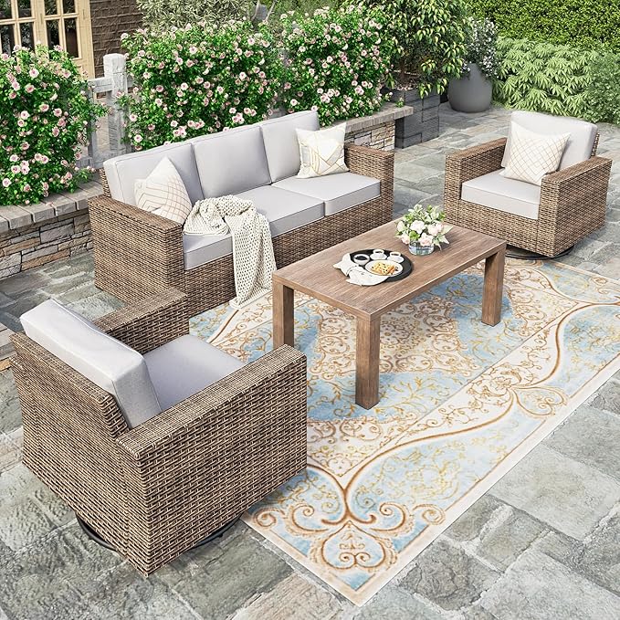 HERA'S HOUSE Patio Furniture Conversation Set with 4.92" Widened Armrest, Swivel Glide Chairs with 5.5" Thick Cushions, Gray Outdoor Wicker Sofa Set, 4 Pieces 5 Seats