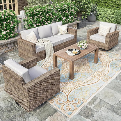 HERA'S HOUSE Patio Furniture Conversation Set with 4.92" Widened Armrest, Swivel Glide Chairs with 5.5" Thick Cushions, Gray Outdoor Wicker Sofa Set, 4 Pieces 5 Seats