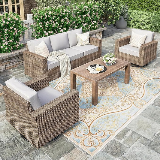 HERA'S HOUSE Patio Furniture Conversation Set with 4.92" Widened Armrest, Swivel Glide Chairs with 5.5" Thick Cushions, Gray Outdoor Wicker Sofa Set, 4 Pieces 5 Seats