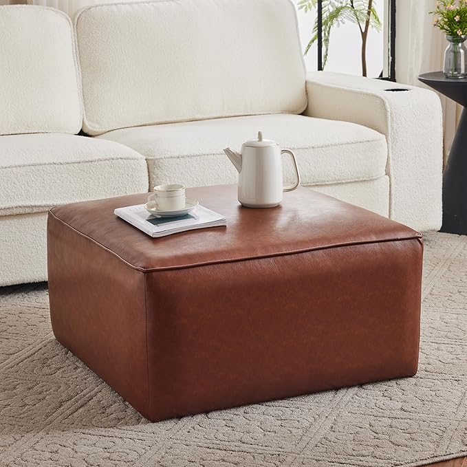 Christopher Knight Home Faux Leather Ottoman Footstool, Square Pouf Poufee Footrest Ottoman Large Seat, Modern Side Table for Living Room Bedroom Home Decor Gifts, Light Brown 30"