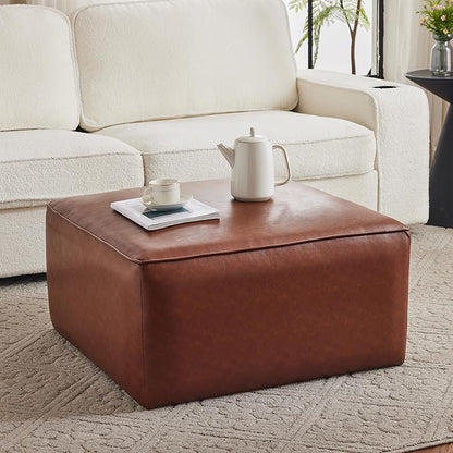 Christopher Knight Home Faux Leather Ottoman Footstool, Square Pouf Poufee Footrest Ottoman Large Seat, Modern Side Table for Living Room Bedroom Home Decor Gifts, Light Brown 30"
