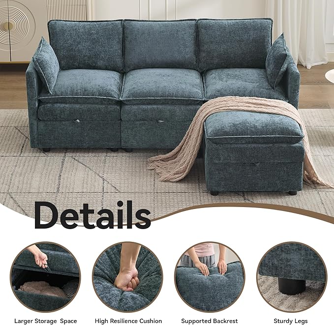80" Cloud Modular 3 Seater Sofa with Storage Ottoman, Modern Upholstered Storage Sofa Couch Deep Seat, L Shape Sectional Sofa Chenille Comfy Couch with Armrests for Living Room, Small Space, Blue