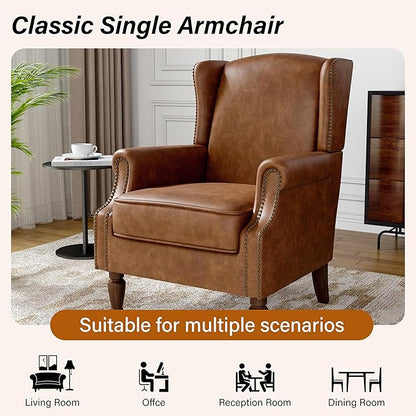 Faux Leather Wingback Accent Chair, High Back Upholstered Armchair, Comfy Fabric Wingback Arms Chairs with Solid Wood Legs, Single Sofa Reading Chair for Bedroom Living Room, Brown