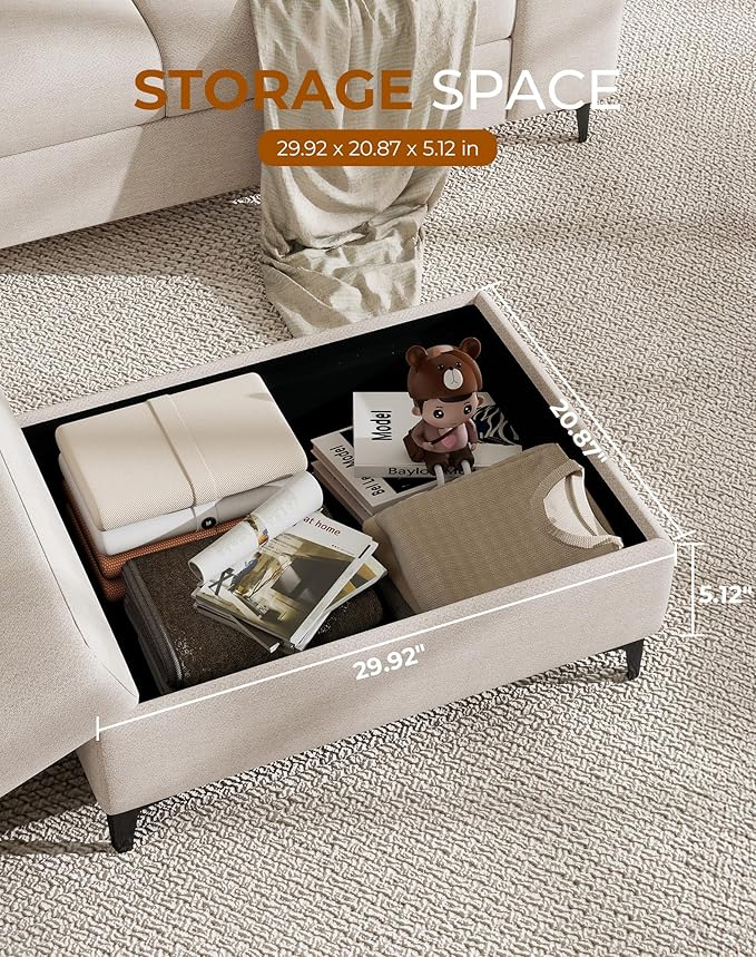 71.25" L Shaped Sectional Couches for Living Room, Deep Seat Sofa with Big Storage Ottoman & 8”Cushion, Comfy 2-Seater Chenille Loveseat, Convertible Armrest, Removable Cover for Small Space(Beige)