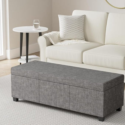 SIMPLIHOME Avalon 48 inch Wide Contemporary Rectangle Storage Ottoman Bench in Dark Grey Tweed Look Fabric, Assembled, For the Living Room, Entryway and Family Room