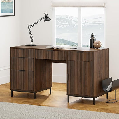 Modern Fluted Executive Desk with File Drawer, 55" Large Computer Desk with Storage and Charging Station, Wooden Home Office Desk for Workspace, Writing, Study, Brown