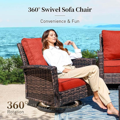 4 Pieces Patio Furniture Set with Swivel Chairs, High Back Wicker Rattan Sofa with Extra Thick Cushion and Coffee Table, Outdoor Conversation Set for Garden Backyard Deck,Red
