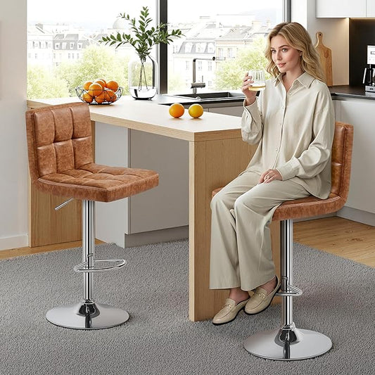 Yaheetech Bar Stools Set of 2, PU Leather Swivel Barstools, Height Adjustable Counter Chairs, Modern Stools with Back for Bar Kitchen Island Dining Room, Retro Brown