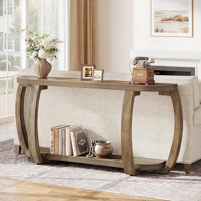 Tribesigns Farmhouse Wooden Console Table with Open Shelf, 63-Inch Long Sofa Entryway Table with Curved Legs for Living Room, Hallway, Entrance