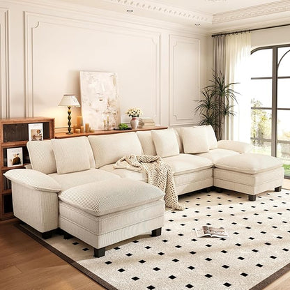 PHI VILLA Cloud Modular Couch Sets, 157.5" Sectional Sofa with U-Shaped Chaise, 6-Seater Couches with Movable Ottomans for Living Room, Corduroy Fabric, Beige