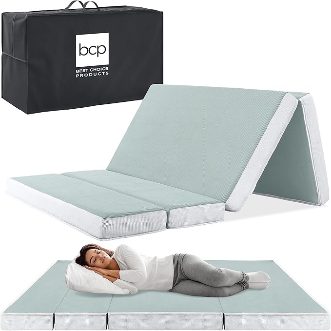Best Choice Products 4in Portable Twin XL-Size Mattress, Tri-Fold Mattress for Camping, Guest, Toddler, Foam Plush w/Carry Case - Seafoam