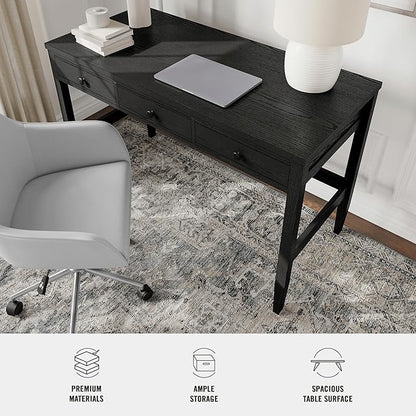 Martha Stewart Rhett Home Office Desk with 3 Drawers and Tapered Legs in Black with Oil Rubbed Bronze Hardware