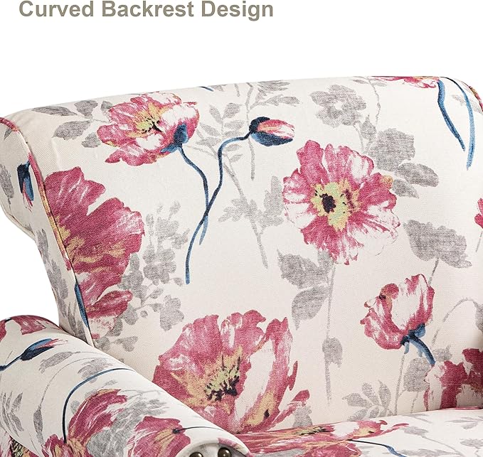 Accent Chair, Upholstered High Back Floral Armchair with Nailhead Trim & Wood Legs, Comfy Wingback Reading Single Sofa Chair for Small Spaces, Living Room, Bedroom-White Floral, Set of 1