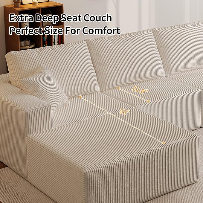 110" Boneless Cloud Sectional Couch for Living Room, Compressed Modular L-Shaped Sofa with Deep Seat, Frameless Corduroy Couch in Boxes, No Assembly Required 3-Seater (Left-Facing Chaise, Beige)
