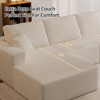 110" Boneless Cloud Sectional Couch for Living Room, Compressed Modular L-Shaped Sofa with Deep Seat, Frameless Corduroy Couch in Boxes, No Assembly Required 3-Seater (Left-Facing Chaise, Beige)